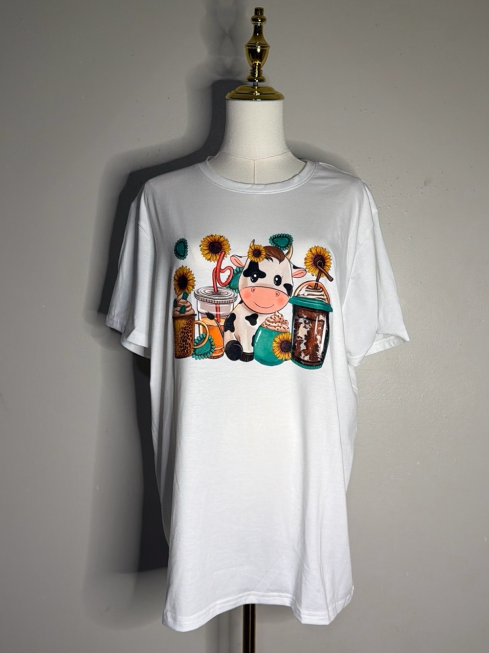 Cow Graphic Tee with Sunflowers and Jars - White